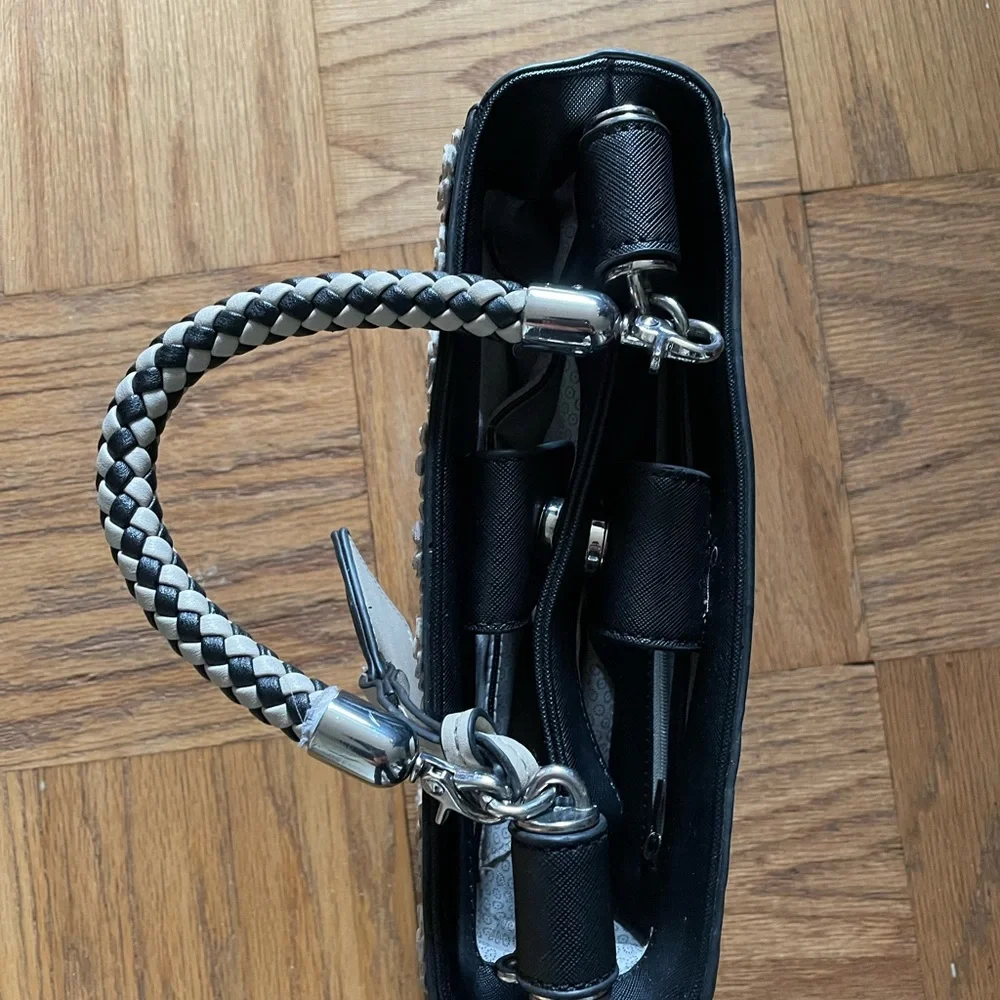 CATHERINE MALANDRINO BLACK & PINK FLORAL HANDBAG W CROSSBODY STRAP VEGAN LEATHER - Picture 5 of 7